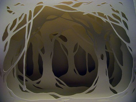 a paper forest (could easily be translated to foamcore flats) Paper Forest, Tunnel Book, Paper Theatre, The Legend Of Sleepy Hollow, Set Design Theatre, Stage Set Design, Layered Art, Theatre Set, Stage Set