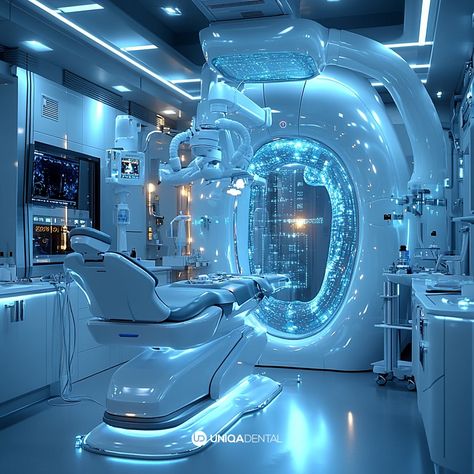 Hyper-Realistic Futuristic Dental Office with AI and Robotic Technology Futuristic Display Design, Sci Fi Office, Denture Repair Kits, Denture Adhesives, Futuristic Display, Office Technology, Dental Cement, Dental Office Architecture, Holographic Displays