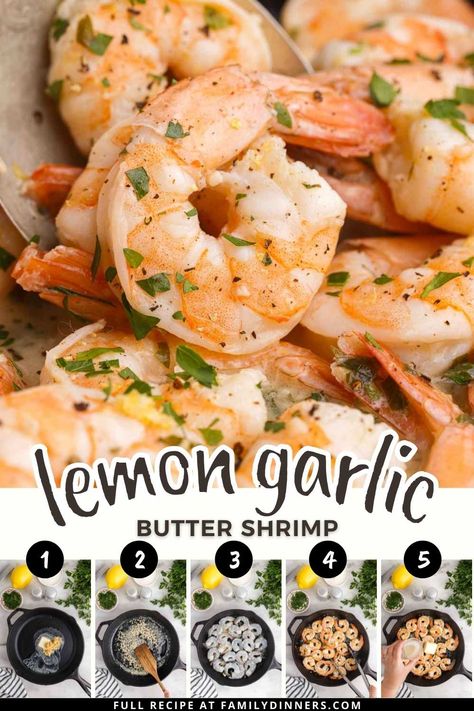 Delicious and easy to cook lemon garlic butter shrimp recipe. Serve with vegetables, rice, noodles or bread. This lemon butter shrimp is a classic. Fresh ingredients that are quick to make. This 20 minute meal (or 30 minute meal if you make rice too) is a great weeknight meal idea. If you love seafood this is perfect. Lemon Shrimp And Rice, Raw Shrimp Recipes Easy, Shrimp Recipes Lemon, Shrimp Ideas, Cooking Raw Shrimp, Raw Shrimp Recipes, Lemon Butter Shrimp, Frozen Cooked Shrimp, Buttered Shrimp Recipe