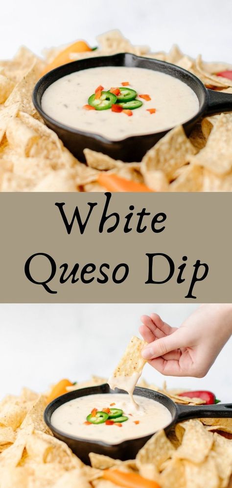 A small cast iron pan filled with white queso dip surrounded by tortilla strips. Velvetta Cheese Dip, Easy White Queso Dip, Easy White Queso, Spinach Queso Dip, White Queso Dip Recipe, Queso Blanco Recipe, White Queso Recipe, Queso Blanco Dip, Baked Spinach Artichoke Dip