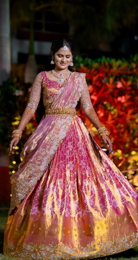 Half Saree New Trend, Haldi South Indian Bride, Half Saree Jewellery Ideas, South Indian Look For Haldi, Half Saree For Reception For Bride, South Indian Bride Engagement Look, South Indian Bridal Lehenga, Patu Saree Blouse Designs Latest Designs, Lehangas Bridal Engagement