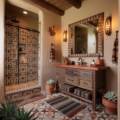 Southwestern-Style House 💖💖💖 Mexican Inspired Restroom, New Mexico Home Interior, Modern Mexican Bathroom, Adobe House Decor, Santa Fe Style Kitchen, Adobe House Interior, Southwestern Bathroom Decor, Santa Fe Bathroom, Southwestern Home Design