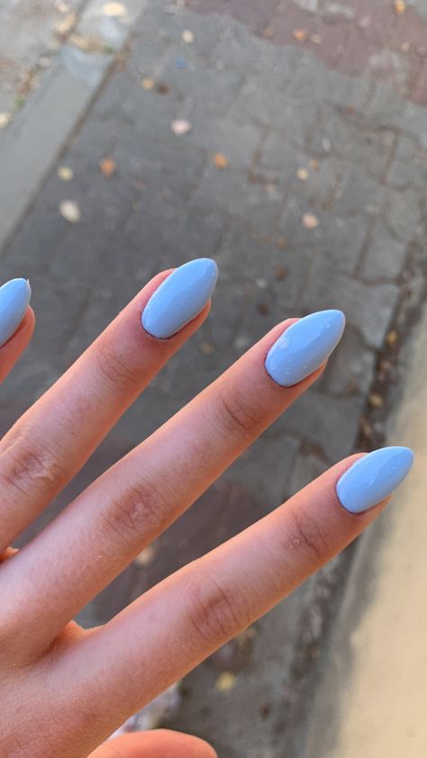 Sky Blue Almond Acrylic Nails, Light Blue Fake Nails, Cute Light Blue Nails Almond, Light Pastel Blue Nails, Light Blue Acrylic Nails Almond Short, Light Blue Nails Round, Light Blue Nail Inspo Almond, Light Blue Almond Shaped Nails, Blue Long Almond Nails