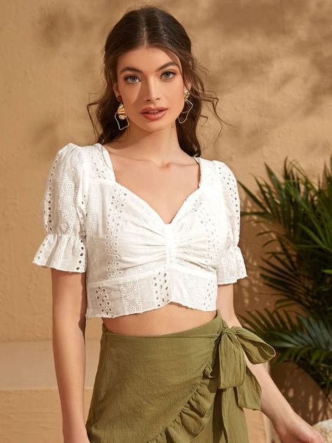 Crop Tops Online, Myanmar Dress, Myanmar Dress Design, Eyelet Embroidery, Front Crop Top, Crop Top Outfits, Women Blouses, Girly Stuff, Dress Design