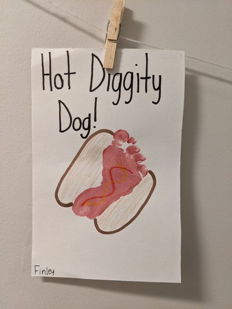 State Fair Infant Art, Hot Dog Footprint Art, Infant Preschool Crafts, Hot Dog Crafts For Toddlers, Camping Infant Crafts, Camping Footprint Art, Food And Flavors Infant Activities, Food Crafts For Infants, Watermelon Footprint Art