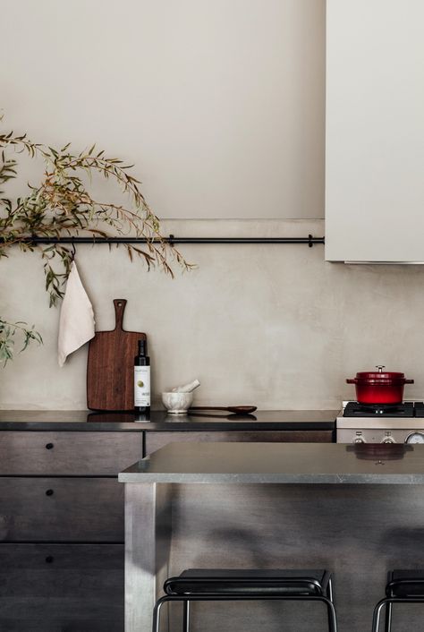 Modern Desert Kitchen, Plaster Backsplash, Utah House, Logic Design, Passive Solar Design, Modern Desert, Solar Design, Radiant Floor Heating, Moab Utah