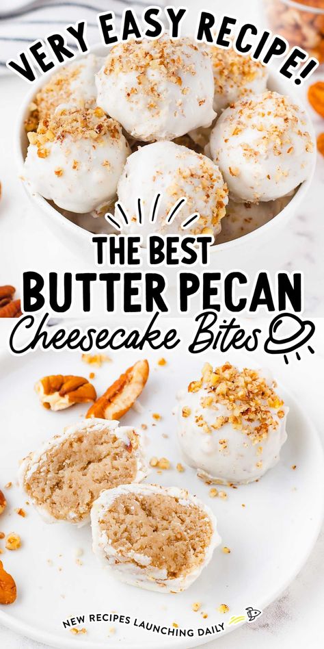 Pecan Cheesecake Bites, Cream Cheese Cake Filling, Butter Pecan Cheesecake, Cheese Cake Filling, Cake Ball Recipes, Cheesecake Bites Recipe, Dessert Truffles, Butter Pecan Cake, Pecan Cheesecake