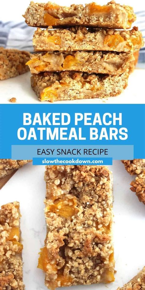 These super easy to make baked oatmeal peach bars are a great thing to have on hand for a tasty snack. They take less than 10 minutes to make and are a great alternative to your usual chocolate bar! Made with simple ingredients, they are soft, chewy and perfectly sweet. Peach Granola Bars, Healthy Peach Oatmeal, Peach Oatmeal Bars, Peach Bars, Granola Bar Recipe Chewy, Peach Oatmeal, No Bake Oatmeal Bars, Peach Cookies, Oatmeal Breakfast Cookies