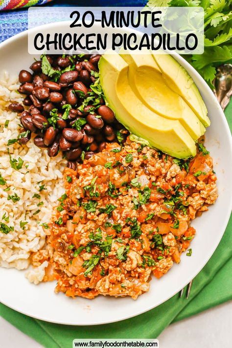 Chicken picadillo is a lighter twist on a classic Latin American dish that’s easy to make in one pan in just 20 minutes. The spiced, flavorful ground chicken mixture is great served over rice or to use in tortillas, tacos, fajitas or nachos. Chicken Picadillo Recipe, Ground Chicken Picadillo, Spicy Ground Chicken Recipes, Ground Chicken Mexican Recipes, Chicken Picadillo, Chicken Tocino, Ground Chicken Recipes Healthy, Ground Chicken Tacos, Picadillo Recipe