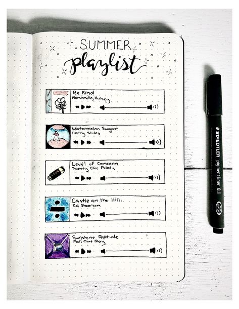 Fun Bullet Journal Ideas, Music Bullet Journal, Summer Bujo, Monthly Bullet Journal, Organizator Grafic, Bullet Journal Page, Bullet Journal Ideas Templates, Scrapbook Cover, Creating A Bullet Journal