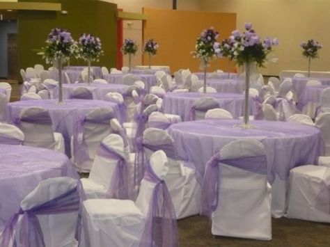 Lavender Wedding Reception | Beautiful Lavender & White Reception Share Purple Wedding Table Settings, Wedding Colors Lilac, Lilac Wedding Table, Wedding Table Settings Purple, Purple Quinceanera Theme, Lavender Quinceanera, Purple Wedding Tables, Table Settings Ideas, Lavender Centerpieces