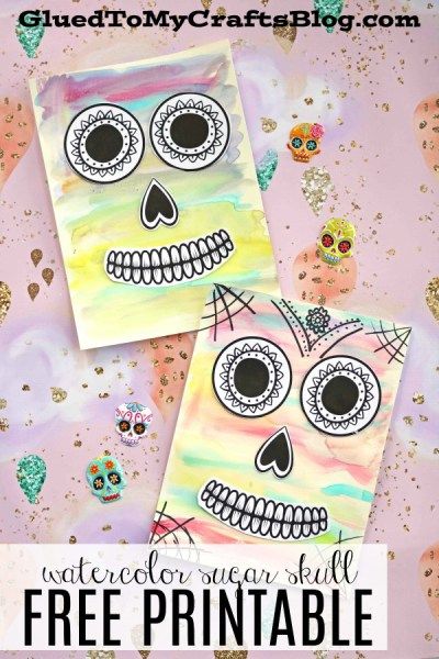 Watercolor Sugar Skull – Day of the Dead Craft - Free Printable To Get You Started - Kid Craft Idea #gluedtomycrafts Day Of The Dead Art For Toddlers, Day Of The Dead Toddler Activities, Day Of The Dead Preschool Crafts, Day Of The Dead Kindergarten Activities, Dia De Los Muertos Crafts For Preschool, Day Of The Dead Crafts For Toddlers, Day Of The Dead Preschool Activities, Dia De Los Muertos Art Projects For Kids, Day Of The Dead Crafts For Kids