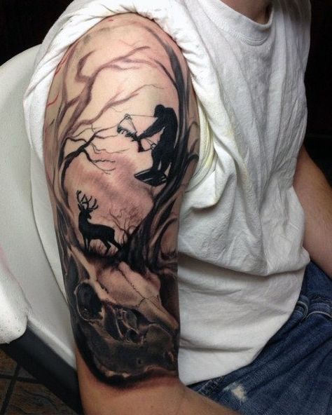 Hunt Tattoo, Bow Hunting Tattoos, Deer Hunting Tattoos, Elk Tattoo, Deer Skull Tattoos, Deer Tattoo Designs, Hunter Tattoo, Hunting Tattoos, Couple Tattoos Unique