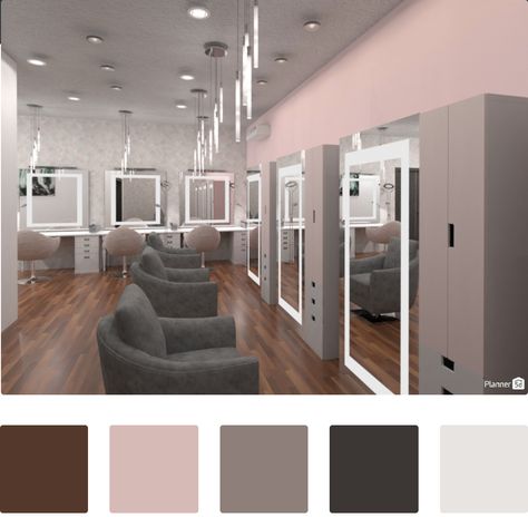 This project is all about lightful and feminine aesthetic.  For this hair salon, our user chose a powder pink accent wall with grey and brown furniture, for a cozy and peaceful space.  How would you decorate your own work space? Pink And Grey Salon Decor, Grey Hair Salon Decor, Pink And Grey Salon, Hair Salon Color Scheme, Hair Salon Wall Colors, Grey And Brown Furniture, Hair Salon Interior Design Color Schemes, Salon Color Schemes, Small Salon Designs