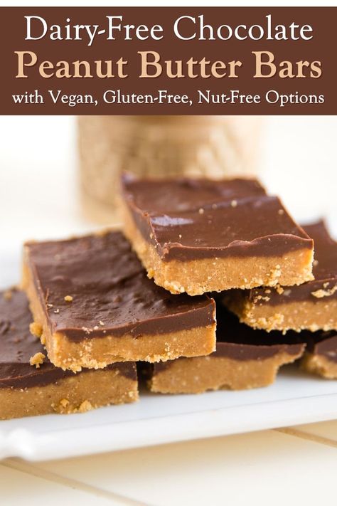 Dairy-Free Chocolate Peanut Butter Bars Recipe (Mom-made, kid-approved!) - includes vegan, gluten-free, peanut-free, and nut-free options Gram Cracker Chocolate Bars, Dairy Free Peanut Butter Cups, Dairy Free Peanut Butter Dessert, Dairy Free Bars Recipes, Gluten Free Dairy Free Bars, Gluten Free Peanut Butter Bars, Gluten Free Dessert Bars, Lactose Free Desserts, Chocolate Peanut Butter Squares