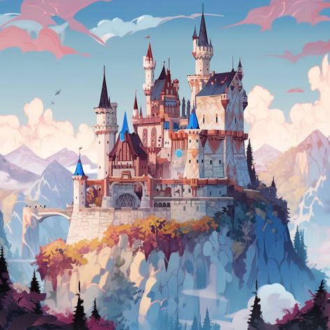 High Fantasy Castle, Fantasy Landscape Castle, Medieval Castle Illustration, Mountain Castle Fantasy Art, Cliff Side Castle, Fantasy Mountain Castle, Castle In Distance, Minecraft Mountain Village, Fantasy Castle Concept Art