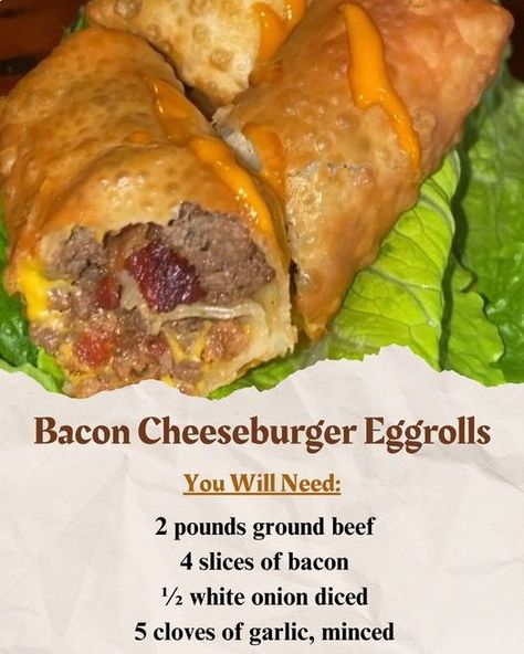 Bacon Cheeseburger Eggrolls, Cheeseburger Egg Rolls Recipe, Cheeseburger Egg Rolls, Egg Roll Wrapper, Egg Roll Recipe, Egg Roll Recipes, Bacon Cheeseburger, Burgers Sandwiches, Favorite Appetizers