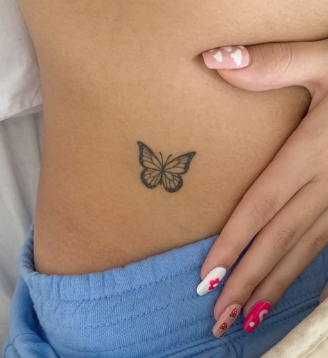 small tiny fine line butterfly hip tattoo Small Butterfly Tattoo On Stomach, Butterfly Tattoo Waist Line, Mini Flower Wrist Tattoo, Small Butterfly Tattoo Hip, Waist Tattoos Butterfly, Danty Tattoos Small On Hip, Small Fine Line Hip Tattoo, Butterflies Hip Tattoo, Butterfly Tattoo Hip For Women