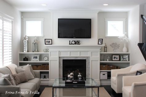 Built In Around Fireplace, Tv Mounted, Small Living Room Layout, Living Room Built Ins, Fireplace Shelves, Contemporary Living Room Design, Fireplace Built Ins, White Fireplace, Living Room Remodel