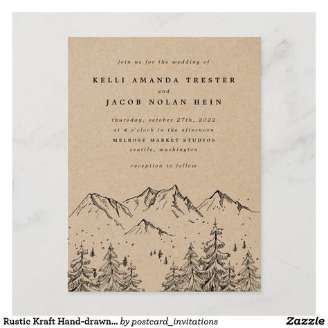 Pine Wedding Invitations, Drawn Mountains, Outdoor Rustic Wedding, Hand Drawn Wedding Invitations, Trees Wedding, Postcard Wedding Invitation, Mountain Wedding Invitations, Tree Wedding Invitations, Budget Wedding Invitations