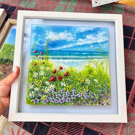 Beach Glass Crafts Artwork, Fused Glass Beach Scene, Fused Glass Houses, Glass Powers, Stone Hedge, Fused Glass Beach, Glass Frit Painting, Coastal Flowers, Seaside Pictures