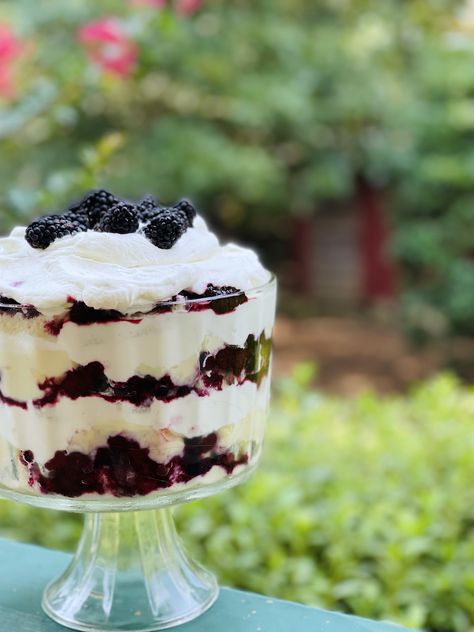 Blackberry Trifle with Luscious Custard Filling - a Creamy, Colorful Dessert Blackberry Trifle, English Trifle, Blackberry Dessert, Clafoutis Recipes, Blackberry Crumble, Berry Trifle, Berry Parfait, Dinner Desserts, Parfait Desserts