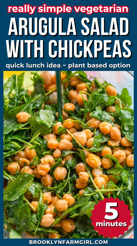 closeup of arugula salad with chickpeas and light dressing High Fiber Lunch, Fiber Salad, High Fibre Lunches, Simple Arugula Salad, Lemon Olive Oil Dressing, Vegetarian High Protein, Holiday Potluck, High Fiber Vegetables, Salad With Chickpeas