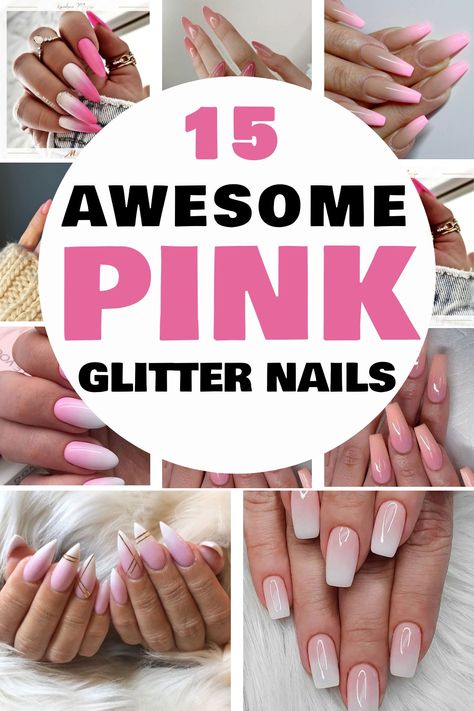 Pink, Glitter, Nails, Beauty, Fashion, Style, Manicure, Nail Art, Glamour, Trendy, Sparkle, Cosmetic, Salon, Girly, Elegant Nails With Glitter Accent, Soft Pink Nails With Glitter, Pink Nails With Glitter Accent, Pink Glittery Nails, Sparkly Nails Acrylic, Sparkly Pink Nails, Pink Sparkly Nails, Pale Nails, Magenta Nails