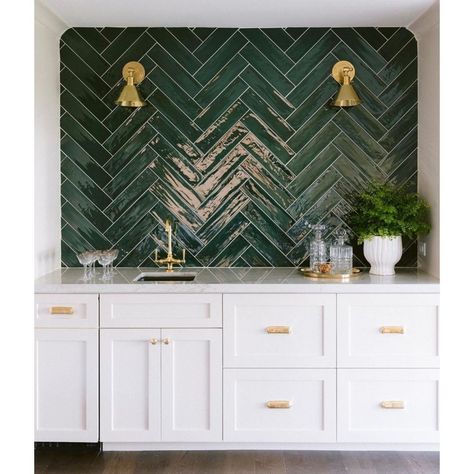 Arizona Tile on Instagram: “@amandasimmonsinteriors created this beautiful bar design using our Gioia Avocado installed in a herringbone. We LOVE the green, gold, and…” Herringbone Tiles Kitchen, Green Tile Backsplash, Herringbone Tile Backsplash, Backsplash Tile Design, Green Backsplash, Herringbone Wall, House Before And After, Home Bar Design, Herringbone Backsplash