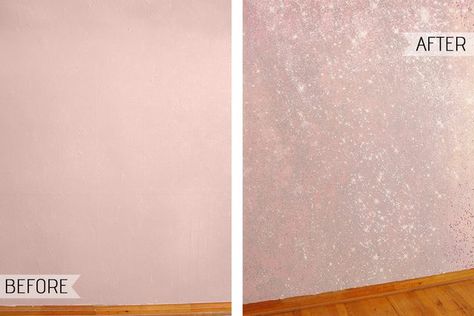 Adding glitter to your wall is such an easy way to jazz a space up and its totally customizable! All you need is glitter in any color and Mod Podge. Glitter Accent Wall, Glitter Bedroom, Glitter Room, Glitter Paint For Walls, Salon Suites, Glitter Wall, Glitter Decor, Accent Wall Bedroom, Glitter Diy