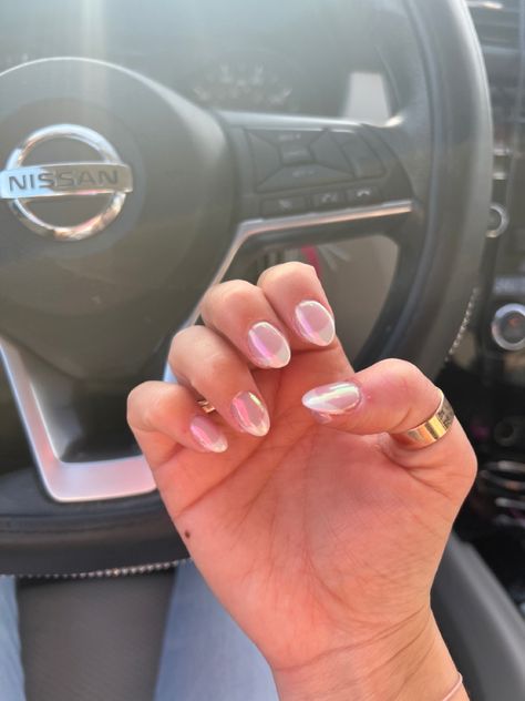 French tip nails Acrylic Nails For Rush, Cute Short Chrome Nails, Cute Short Acrylic Nails Chrome, September French Tip Nails, Almond Nails Ideas Spring, Clear Pink Round Acrylic Nails, Short Acrylic Nails For Cheer, Nails For Cheer, Pink Chrome Nails Short Round