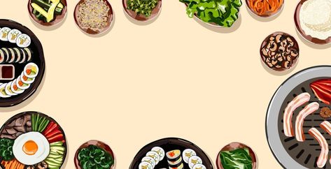 Korean Food Illustration, Korean Background, Traditional Korean Food, Food Background Wallpapers, Table Vector, Korean Bbq Grill, Korean Grill, Recipes With Soy Sauce, Beef And Pork