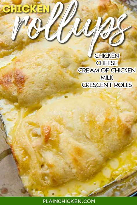 Chicken Roll Ups – chicken, cheese, milk, cream of chicken soup, and crescent rolls – Only 5 ingredients for a delicious weeknight meal that is ready in 30 minutes! I could eat the whole pan myself!! Crescent Chicken, Plain Chicken Recipe, Crescent Roll Recipes Dinner, Milk Chicken, Chicken Crescent Rolls, Slow Cooker Steak, Chicken Roll Ups, Casserole Chicken, Chicken Roll