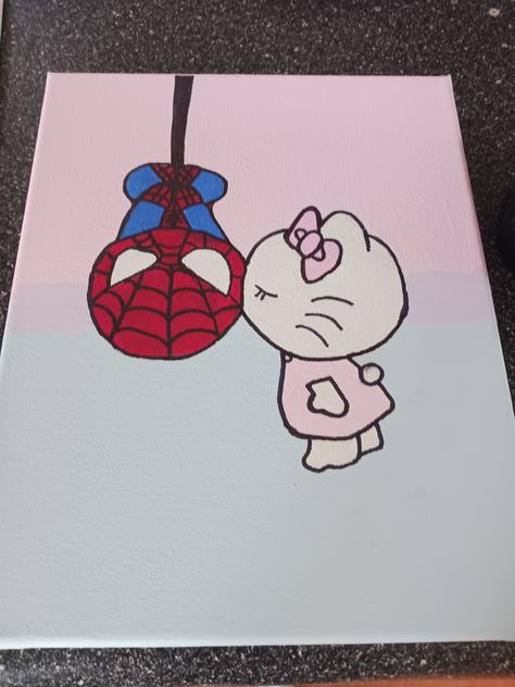 Hello Kitty Painting Canvases Easy, Hello Kitty Painting Canvases, Spiderman Canvas Painting, Hello Kitty X Spiderman, Spiderman Canvas, Hello Kitty Painting, Spiderman Painting, Spiderman Drawing, Sky Art Painting