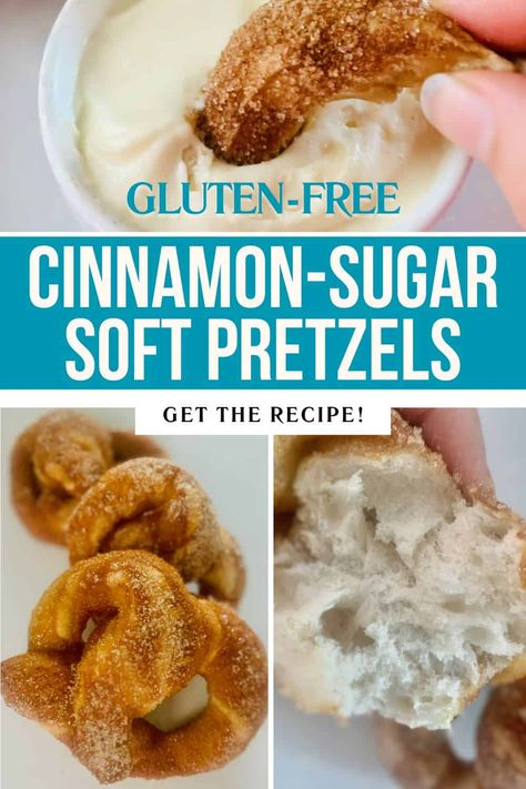 Gluten-Free Cinnamon Sugar Soft Pretzels with Cream Cheese Frosting Dip Cinnamon Sugar Soft Pretzels, Frosting Dip, Gluten Free Churros, Gluten Free Soft Pretzels, Cinnamon Pretzels, Gluten Recipes, Gluten Free Party, Cinnamon Sugar Pretzels, Quick Baking