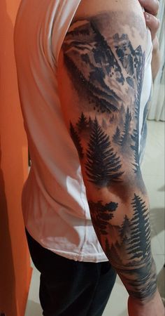 Forest Filler Tattoo, Men’s Mountain Tattoo, Forest Shoulder Tattoo, Nature Shoulder Tattoo, Mountain Tattoo Men, Mountain Tattoo Sleeve, Mountain Sleeve Tattoo, Forest Tattoo Sleeve, Celtic Sleeve Tattoos