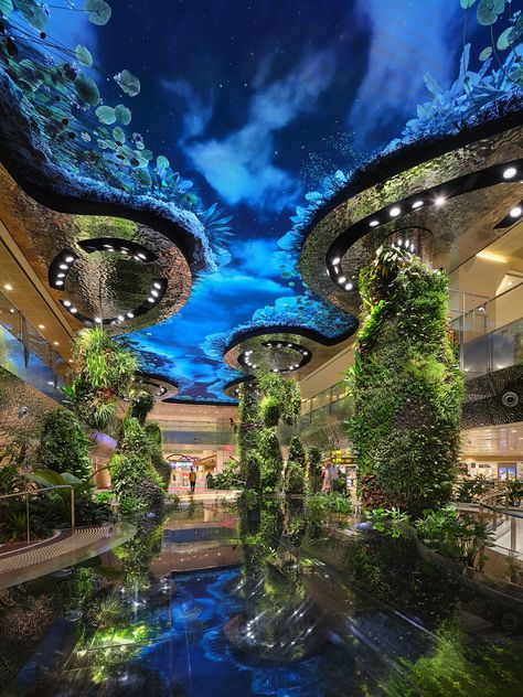 Reimagining Travel With Biophilia in Singapore's Changi Airport Jewel Changi Airport Singapore, Changi Airport Aesthetic, Singapore Airport Aesthetic, Singapore Aesthetic Photography, Future Airport, Night Kingdom, Aesthetic Singapore, Beautiful Airport, Singapore Aesthetic