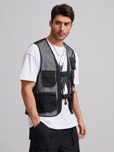 Black Street  Sleeveless Polyester Plain Other Embellished Non-Stretch Spring/Summer Men Outerwear Sleeveless Jacket For Men, Dancing Photoshoot, Creative Wear, Men Outerwear, Shein Men, Sporty Jacket, Anime Dancing, Men Jackets, Photoshoot Idea