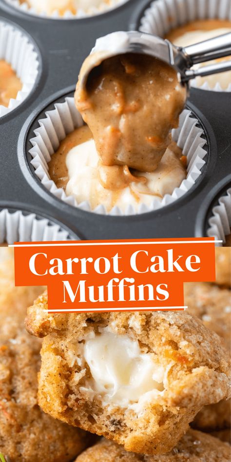 Start your morning off on the right foot with these irresistible Carrot Cake Muffins with cream cheese filling! Moist and flavorful muffins packed with grated carrots, spices and a surprise filling of creamy, tangy cream cheese. Carrot Cake Biscuits, Muffin Recipes Carrot Cake, Carrot Cake Streusel Muffins, Carrot Cake Banana Bread Muffins, Surprise Carrot Cake, Cream Cheese Carrot Coffee Cake, Best Carrot Cake Muffins, Moist Carrot Muffins Recipe, Carrot Cake Muffins With Cream Cheese Filling