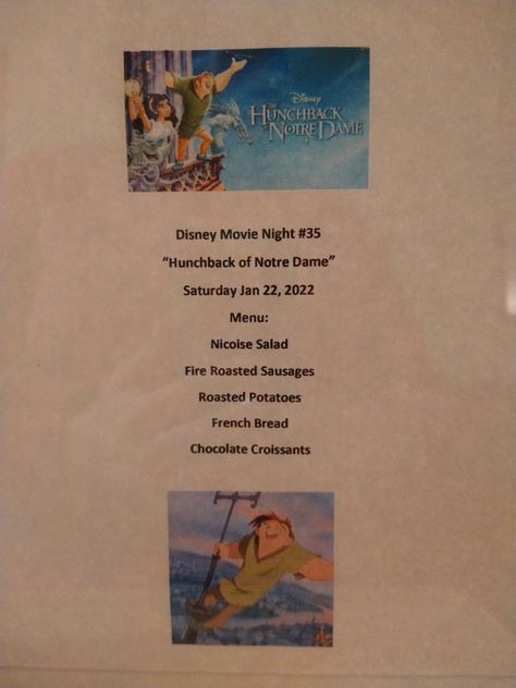 Hunchback Of Notre Dame Movie Night, Disney Nights, Monday Movie, Disney Movie Night Menu, Saturday Night Movie, Theme Dinners, Disney Themed Movie Night, Disney Movie Night Food, Movie Dinner