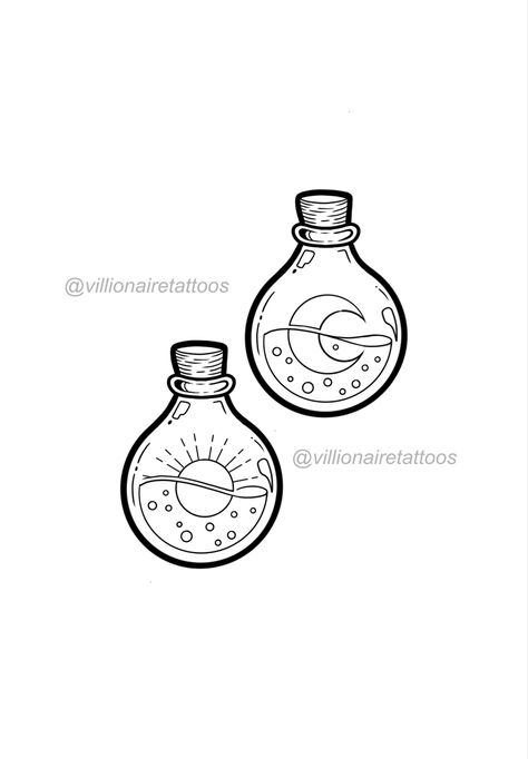 Moon Potion Tattoo, Sun And Moon Friend Tattoo, Sun Moon Tattoo Matching, Potions Tattoo, Matching Tattoos Sun And Moon, Moon Matching Tattoo, Tattoo Ideas Sun And Moon, Sun And Moon Tattoo Stencil, Sun And Moon Matching Tattoos