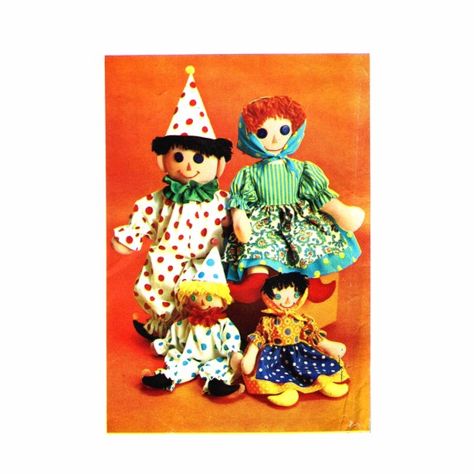 1960s Clown Peasant Rag Dolls Simplicity 6257 Crafts Sewing Pattern Clown Suit, Toy Boy, Yarn Hair, Modern Sewing Patterns, Crafts Sewing Patterns, Rag Doll Pattern, Cute Clown, Button Eyes, Doll Sewing Patterns