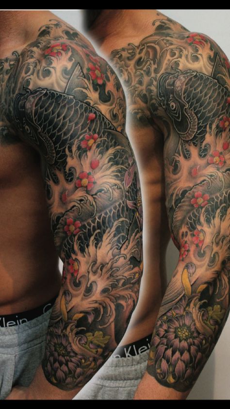 Coloured Tattoos Men, Japanese Koi Sleeve Tattoos, Japanese Tattoo Sleeve Men, Koi Fish Shoulder Tattoo, Japanese Sleeve Tattoos For Guys, Koi Sleeve Tattoo, Men’s Full Sleeve Tattoo, Tattoo Sleeve Japanese, Chinese Sleeve Tattoos