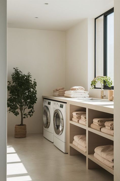 Modern Contemporary Laundry Room, Japandi Laundry Room, Japanese Laundry Room, Laundry Room Pink, Stacked Laundry Room Ideas, Minimalist Laundry Room, Scandinavian Laundry Room, Laundry Room Storage Solutions, Stacked Laundry