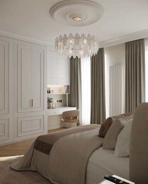 Bed Backside Wall Design, Elegant Guest Bedroom Ideas, Bedroom Molding, Neoclassical Bedroom, Bedroom Built In Wardrobe, Neoclassical Interior, Modern Kids Room, Classic Bedroom, Bedroom Bed Design