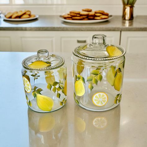 Painted gallon cookie jar lemons, lemon themed candle holder kitchen table decor, summer wedding gift, pretty  laundry detergent dish Kitchen Lemon Theme, Lemon Kitchen Decor Ideas, Lemon Themed Kitchen, Citrus Kitchen Decor, Painted Lemons, Lemon Table Decor, Glass Jars Diy, Citrus Kitchen, Large Flower Vases