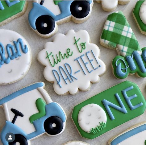 1st Bday Golf Theme, Golf Theme One Year Old Party, Golf Theme 2nd Birthday, First Birthday Partee, Golf First Birthday Party Food, Golf 1st Birthday Cookies, 1st Birthday Golf Theme Cookies, Hole In One Birthday Party Food, Hole In One Balloon Garland