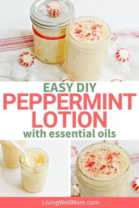 DIY Peppermint Lotion is a festive solution for dry winter skin. With ingredients like coconut oil, shea butter, and essential oils, this recipe is a great all-natural skincare product that you can even make as a gift this Christmas! Peppermint Essential Oil Young Living, Diy Face Lotion, Homemade Face Lotion, Pampering Ideas, Lotion Diy, Peppermint Lotion, Homemade Salve, Homemade Face Moisturizer, Lotion Bars Diy