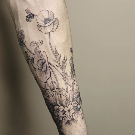 Inked Flowers - The Best Black Flower Tattoos - Thursd Black Flower Tattoos, Black Flowers Tattoo, Men Flower Tattoo, Wrap Around Tattoo, Garden Tattoos, Wildflower Tattoo, Flower Tattoo Arm, Floral Tattoo Sleeve, Flower Tattoo Sleeve