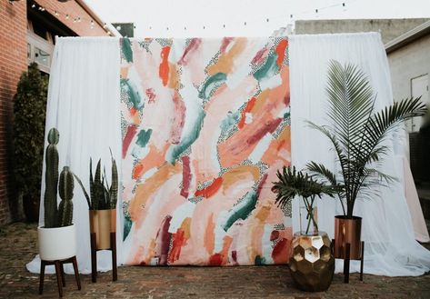 Abstract Wedding Decor, Painted Wedding Backdrop, Creative Backdrop Ideas, Paint Backdrop, Backdrop Painting, Artsy Wedding, Mid Century Wedding, Paducah Kentucky, Abstract Wedding